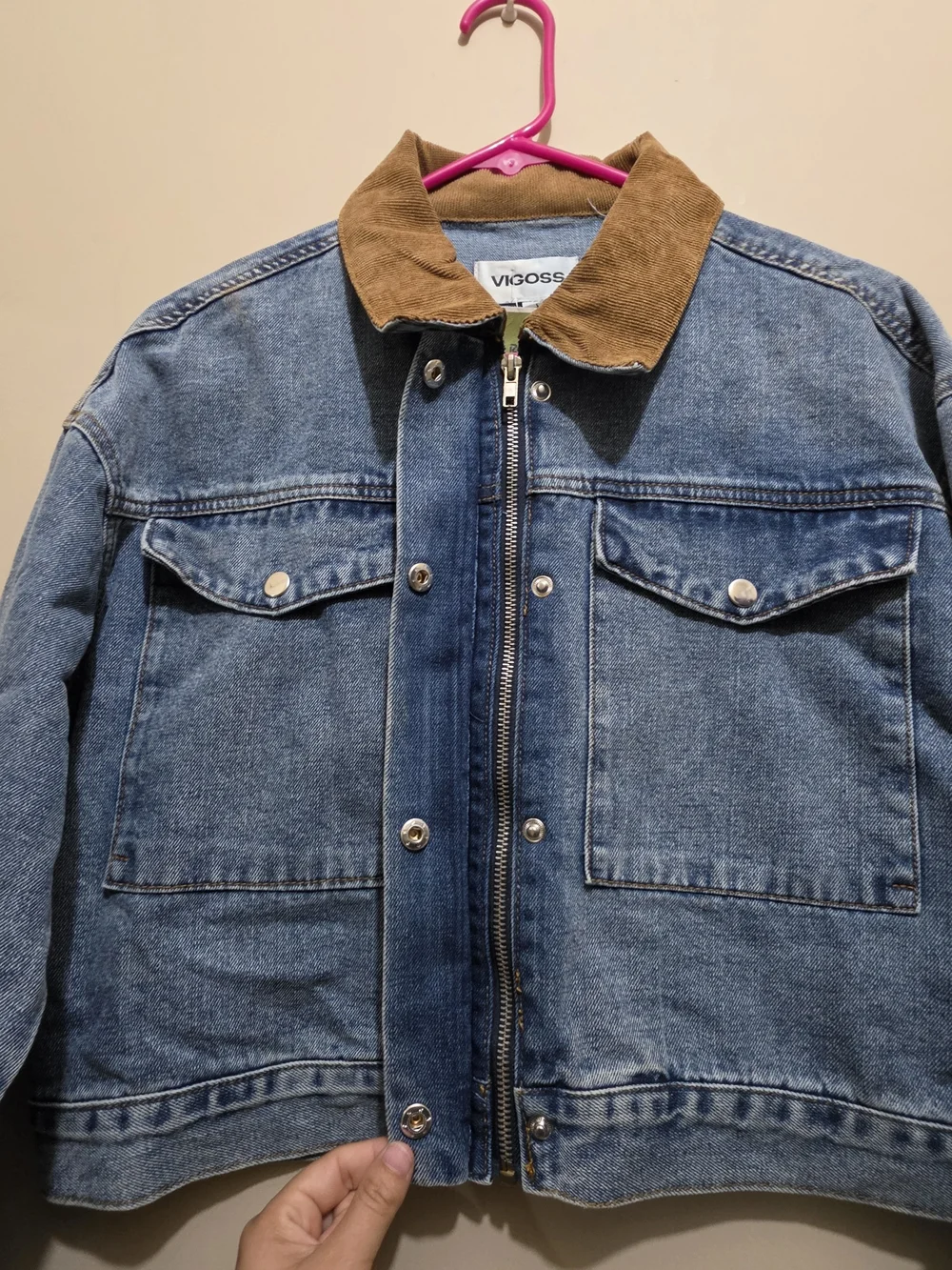 VIGOSS Cropped Denim Jacket Small Corduroy Collar Snap Front Blue - Picture 6 of 13